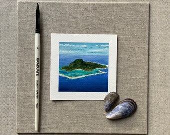 Cuadro artístico de Ocean Island - Mini acuarela - Arte en miniatura - Cuadros pequeños - Regalos de acuarela - Arte lindo - Accesorios de escritorio