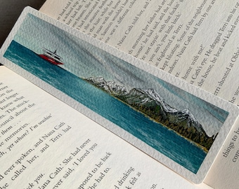 Hand-Painted Gouache Sea-scape Bookmark: Original Mountain Rock Artwork