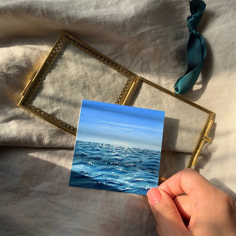 Glistening Waters Ocean Mini Paintings Miniature art Mini canvas art Tiny watercolour painting Cute Desk Accessories Cute Art image 2