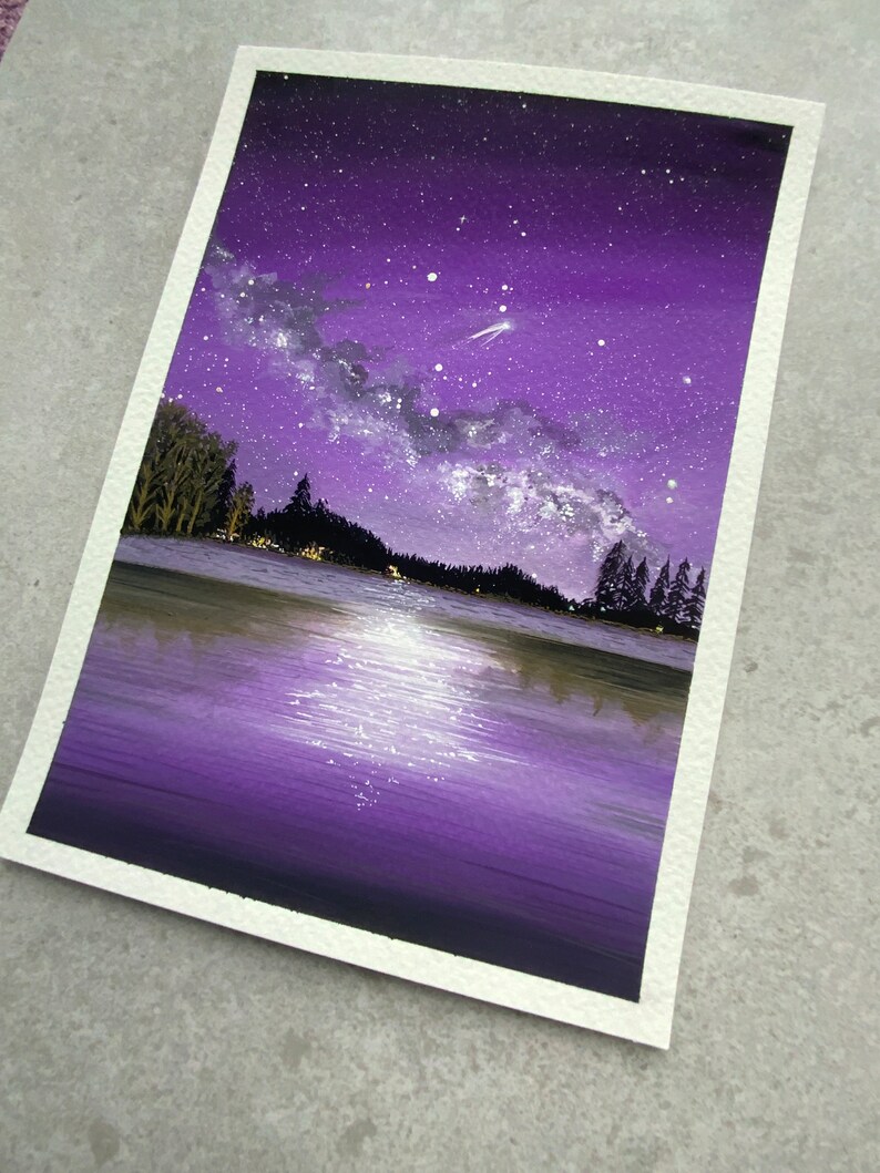 Cuadro A5 “Cielo estrellado” - Pintura al gouache de cielo galáctico - Pintura original de galaxia - Pinturas en acuarela - Regalos de arte - Regalos pintados a mano imagen 3