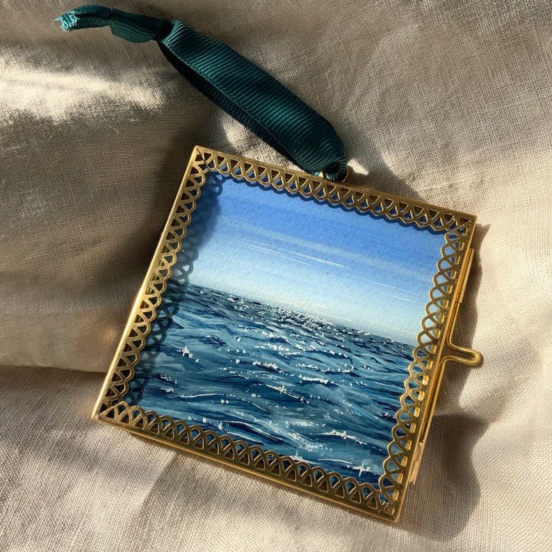 Glistening Waters Ocean Mini Paintings Miniature art Mini canvas art Tiny watercolour painting Cute Desk Accessories Cute Art image 3