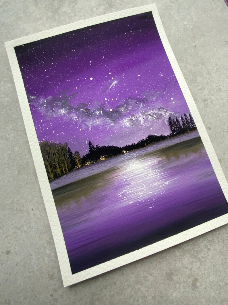 Cuadro A5 “Cielo estrellado” - Pintura al gouache de cielo galáctico - Pintura original de galaxia - Pinturas en acuarela - Regalos de arte - Regalos pintados a mano imagen 2