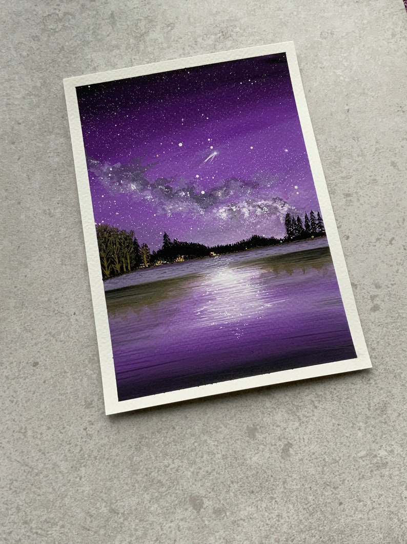 Cuadro A5 “Cielo estrellado” - Pintura al gouache de cielo galáctico - Pintura original de galaxia - Pinturas en acuarela - Regalos de arte - Regalos pintados a mano imagen 4