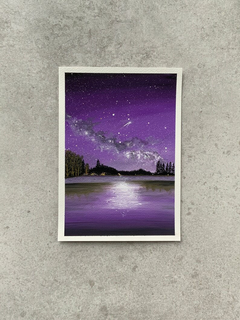 Cuadro A5 “Cielo estrellado” - Pintura al gouache de cielo galáctico - Pintura original de galaxia - Pinturas en acuarela - Regalos de arte - Regalos pintados a mano imagen 5