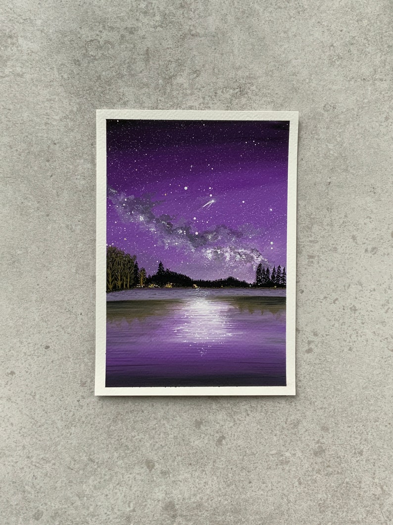 Cuadro A5 “Cielo estrellado” - Pintura al gouache de cielo galáctico - Pintura original de galaxia - Pinturas en acuarela - Regalos de arte - Regalos pintados a mano imagen 6