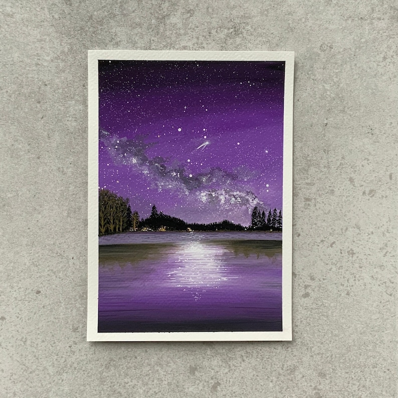 Cuadro A5 “Cielo estrellado” - Pintura al gouache de cielo galáctico - Pintura original de galaxia - Pinturas en acuarela - Regalos de arte - Regalos pintados a mano imagen 1