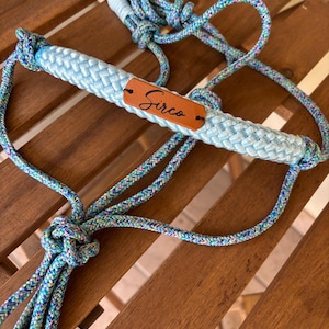 Handmade rope halter with soft noseband, personalized name tag