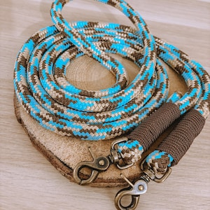 Può includere: Un guinzaglio in corda intrecciata blu, marrone e beige con due moschettoni in ottone. La corda è avvolta su una superficie di legno.