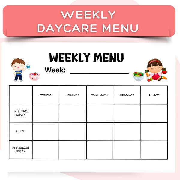 Editable Weekly Daycare menu, Printable weekly menu for preschool, Meal Planner Printable