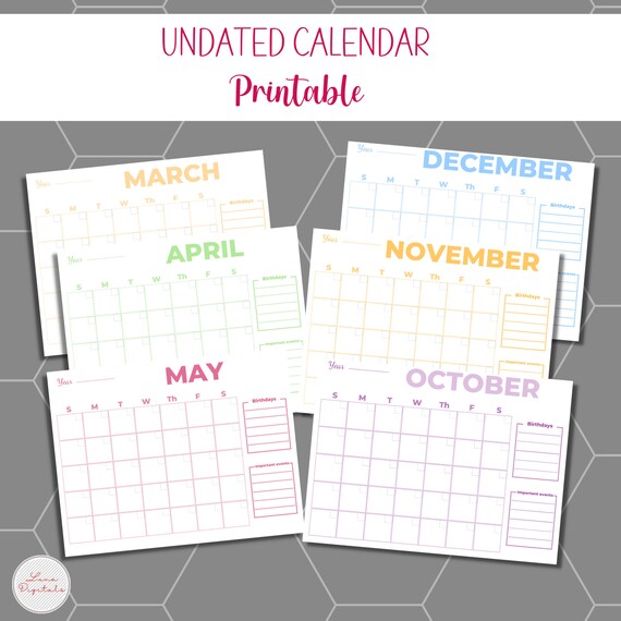 Printable Undated Monthly Calendar. Blank Calendar for You to - Etsy