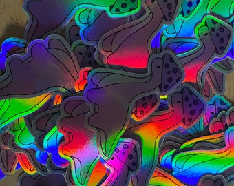 Holographic dinosaur sticker, dinosaur with mushroom hat,