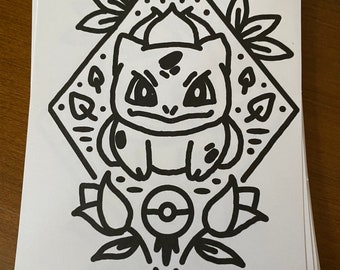 Bulbasaur Pokemon Print, Floral Doodle
