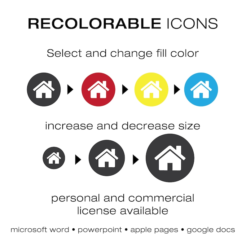 May include: A graphic with the text "RECOLORABLE ICONS" and instructions on how to change the fill color and size of a house icon. The image also states that a personal and commercial license is available.