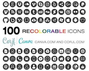 May include: A set of 100 black and white recolorable icons featuring popular social media platforms, apps, and general symbols. The icons are arranged in a grid pattern and are all circular in shape. The text "100 RECOLORABLE ICONS" is displayed in a colorful font at the top of the image. The text "Corjl Canva CANVA.COM AND CORJL.COM" is displayed below the icons.