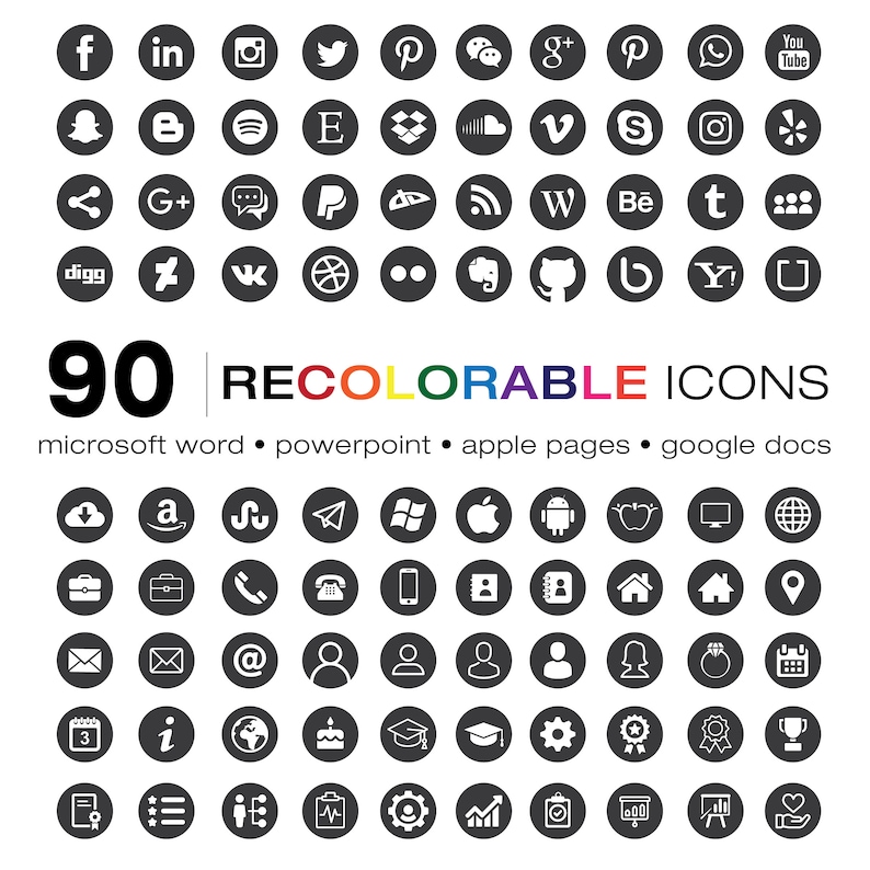May include: A collection of 90 recolorable icons in a circular design. The icons are black and white and include social media logos, app icons, and other symbols. Text includes "90 RECOLORABLE ICONS" and app names.