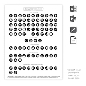 May include: A white document with black social media icons, website, contact, and personal information icons. The document includes the text "RESUME RESOURCE" and icons for Microsoft Word, PowerPoint, Apple Pages, and Google Docs.