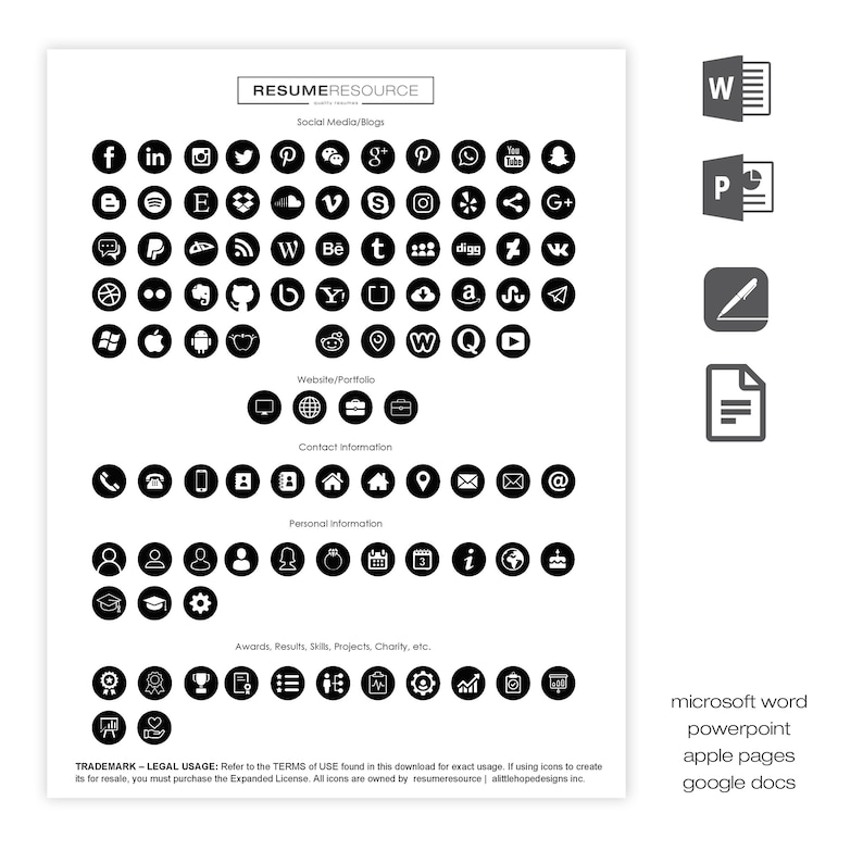 May include: A white document with black social media icons, website, contact, and personal information icons. The document includes the text "RESUME RESOURCE" and icons for Microsoft Word, PowerPoint, Apple Pages, and Google Docs.