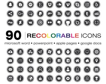 May include: A set of 90 recolorable icons for Microsoft Word, PowerPoint, Apple Pages, and Google Docs. The icons are in a circular shape with a white outline and a black fill. The icons include social media logos, basic shapes, and common symbols.