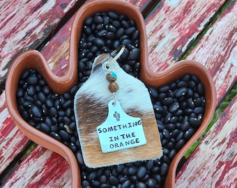 CUSTOM Cattle Tag Leather Metal Stamp Western Beaded Keychain