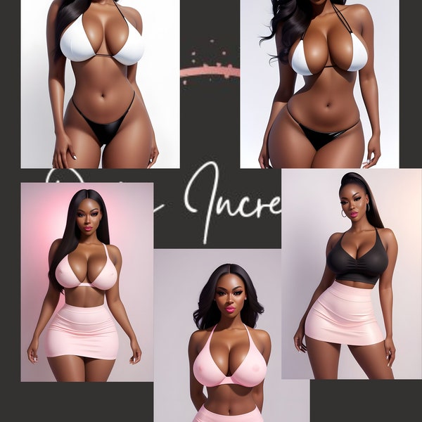 Images HD générées par l'IA de femmes noires voluptueuses en robes moulantes et en bikini.