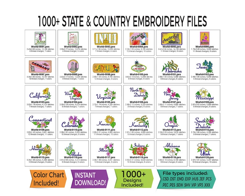 1000 borduurbestanden van staat en land Wereld VS Direct downloaden 13 bestandstypen inbegrepen PES HUS DST en meer afbeelding 6