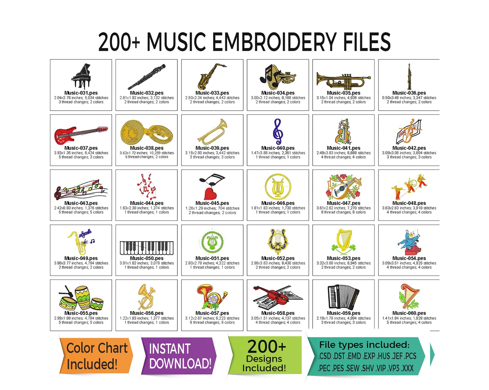Embriodry Instruments 200+ Music Embroidery Designs • Musical Instruments, Themed Files ...