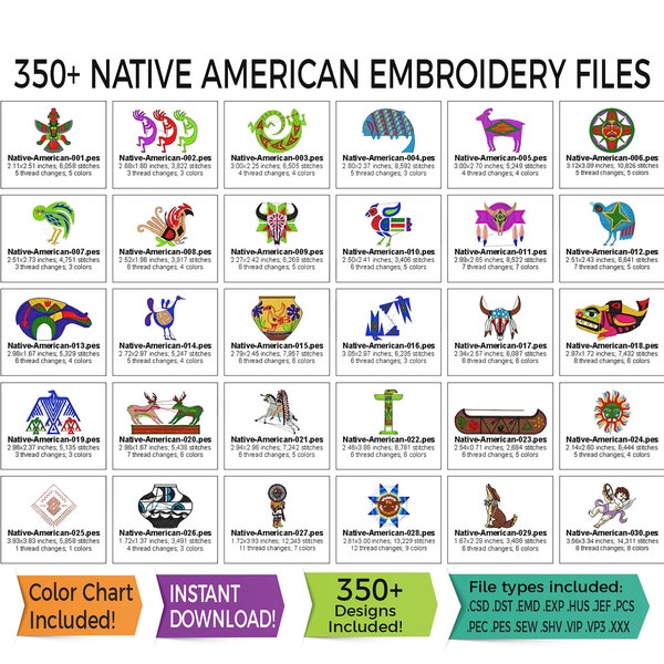 350+ Native American Influence Embroidery Design Files • Instant Download - 13 File Type Bundle Included • PES • HUS • DST and More!