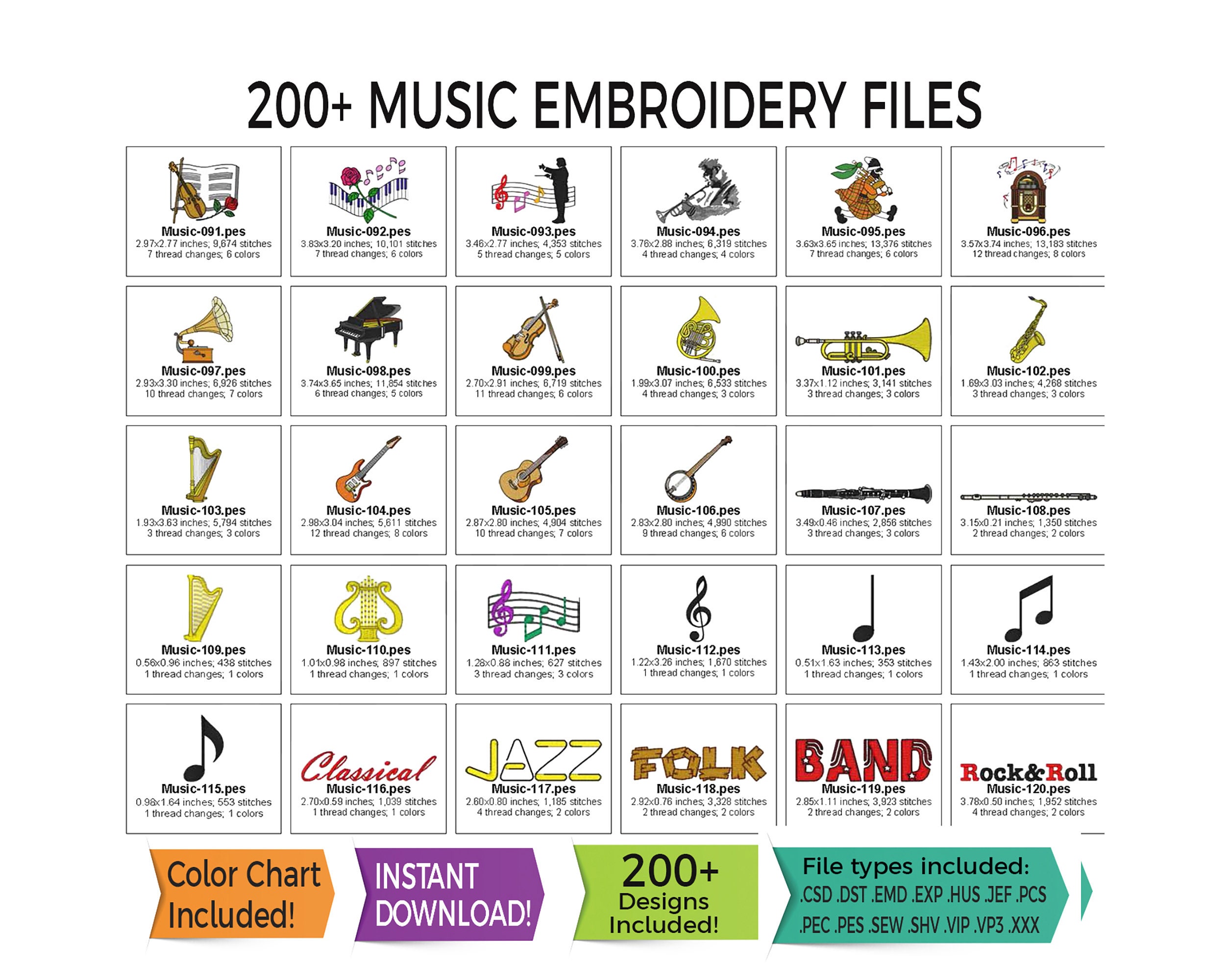 Embriodry Instruments 200+ Music Embroidery Designs • Musical Instruments, Themed Files ...