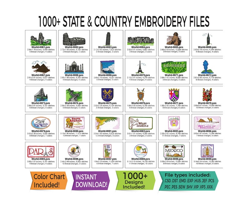 1000 borduurbestanden van staat en land Wereld VS Direct downloaden 13 bestandstypen inbegrepen PES HUS DST en meer afbeelding 7