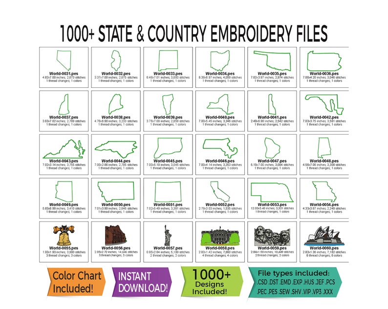 1000 borduurbestanden van staat en land Wereld VS Direct downloaden 13 bestandstypen inbegrepen PES HUS DST en meer afbeelding 8