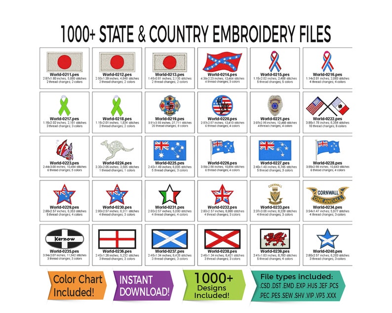 1000 borduurbestanden van staat en land Wereld VS Direct downloaden 13 bestandstypen inbegrepen PES HUS DST en meer afbeelding 2