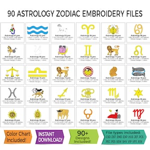 90 Astrology - Zodiac Embroidery Design Files • Instant Download - 13 File Type Bundle Included • PES • HUS • DST and More!