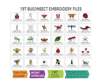 May include: Digital embroidery files featuring 197 bug and insect designs. The image displays various insects like ladybugs, butterflies, and bees, with details on thread changes and colors. Includes a color chart and instant download.