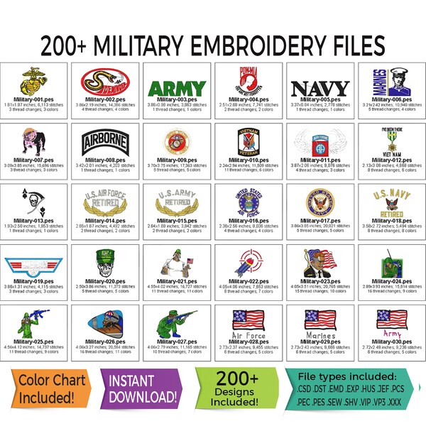 200+ Military Inspired Embroidery Design Files • Instant Download -13 File Type Bundle Included • PES • HUS • DST & More - Navy, Army