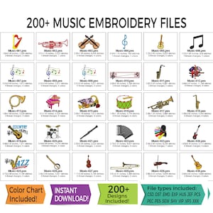 Op de afbeelding: Een digitale borduurset met meer dan 200 muziekthema-ontwerpen. De afbeelding toont verschillende muziekinstrumenten en noten, waaronder een harp, trompet, viool en saxofoon. De tekst "200+ MUSIC EMBROIDERY FILES" staat bovenaan.