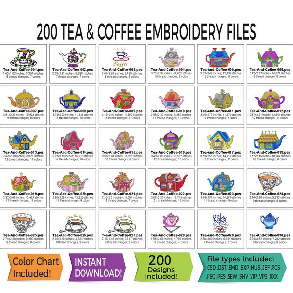 200+ Tea and Coffee Related Embroidery Design Files • Instant Download - 13 File Type Bundle Included • PES • HUS • DST & More!