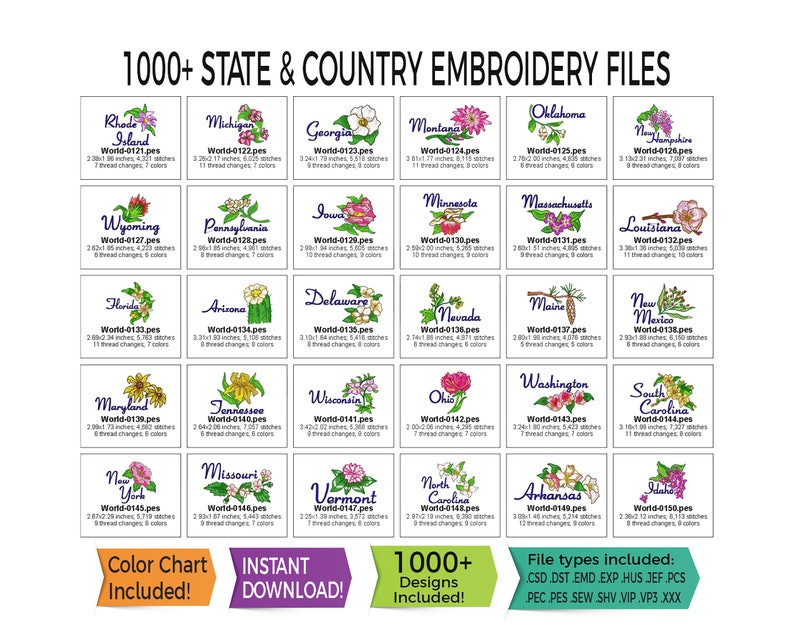 1000 borduurbestanden van staat en land Wereld VS Direct downloaden 13 bestandstypen inbegrepen PES HUS DST en meer afbeelding 5