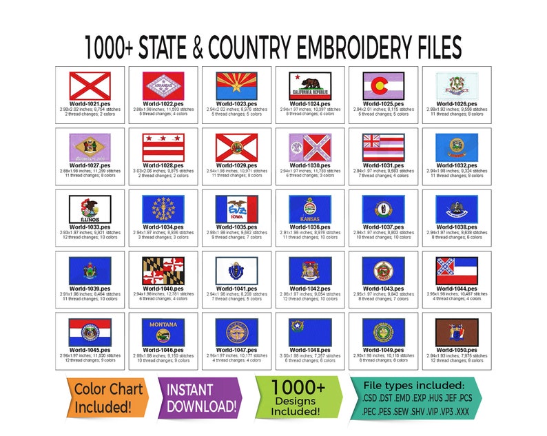 1000 borduurbestanden van staat en land Wereld VS Direct downloaden 13 bestandstypen inbegrepen PES HUS DST en meer afbeelding 10