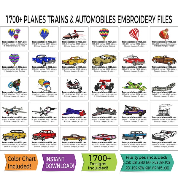 1700+ Planes, Trains & Automobiles Embroidery Design Files • Instant Download - 13 File Type Bundle Included • PES • HUS • DST and More!