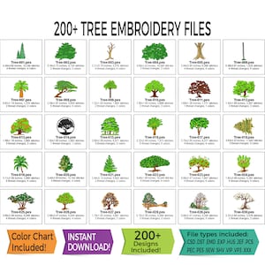 Puede incluir: Un gráfico de descarga digital con más de 200 archivos de bordado de árboles. La imagen muestra varios diseños de árboles con detalles como cambios de hilo y colores. Incluye tipos de archivos como CSD, DST, EMD, EXP, HUS, JEF, PCS, PEC, PES, SEW, SHV, VIP y VP3.