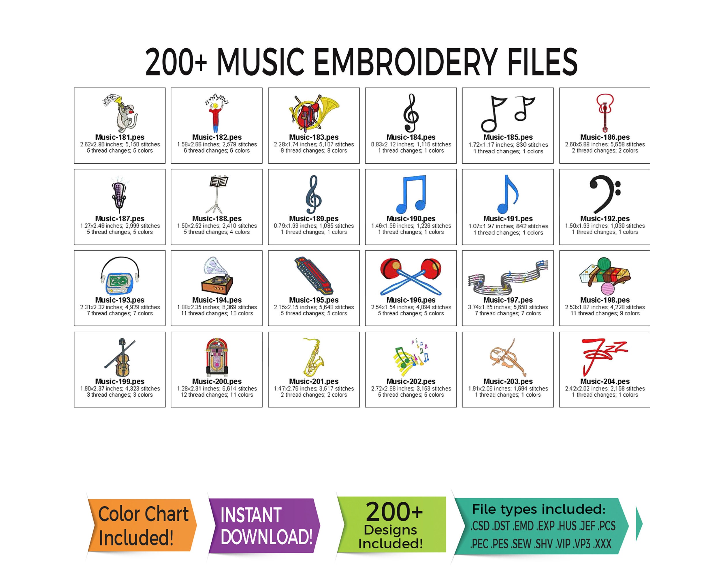 Embriodry Instruments 200+ Music Embroidery Designs • Musical Instruments, Themed Files ...