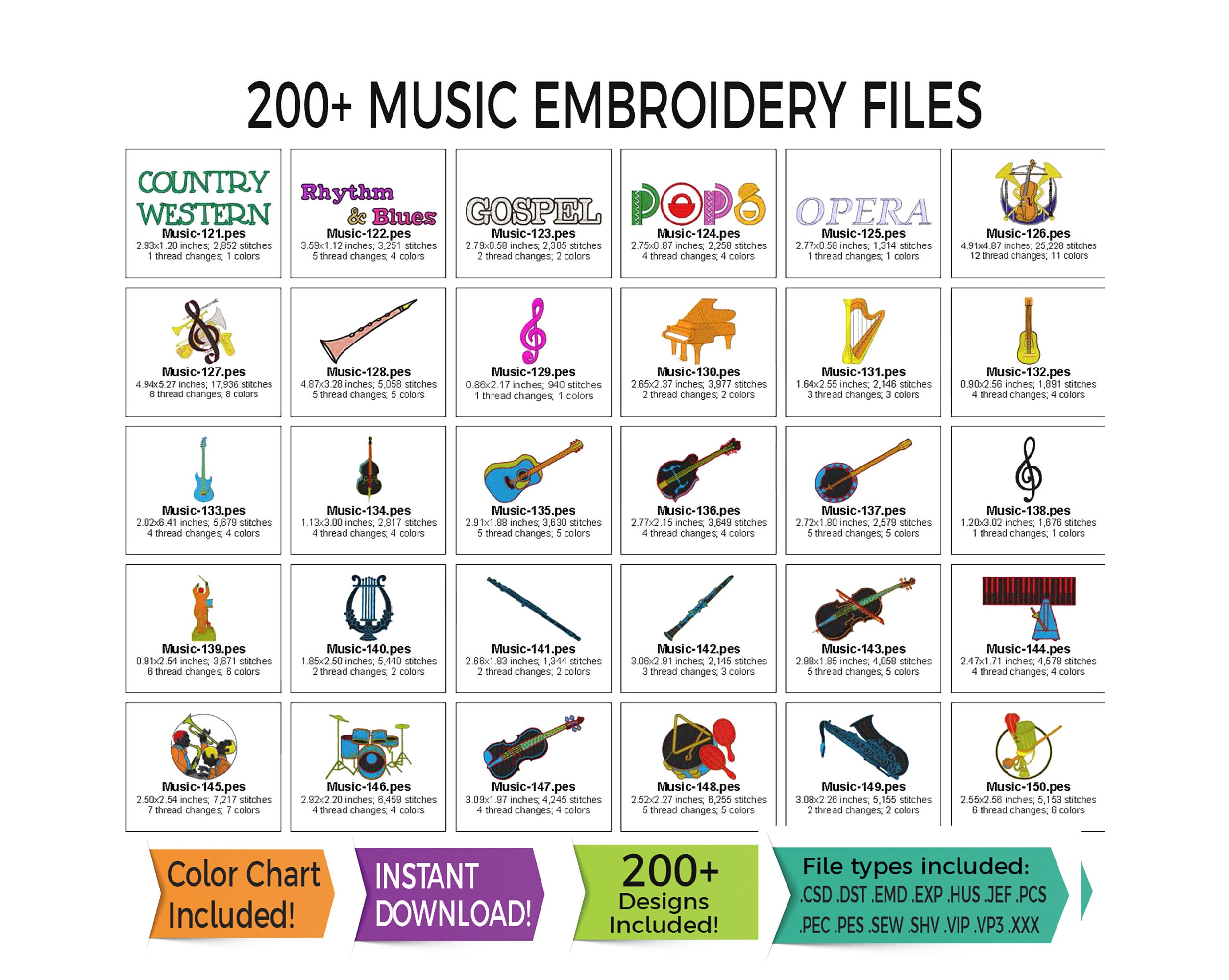 Embriodry Instruments 200+ Music Embroidery Designs • Musical Instruments, Themed Files ...