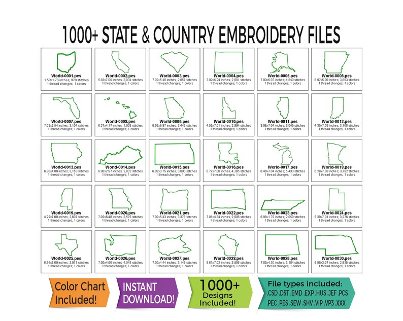 1000 borduurbestanden van staat en land Wereld VS Direct downloaden 13 bestandstypen inbegrepen PES HUS DST en meer afbeelding 9