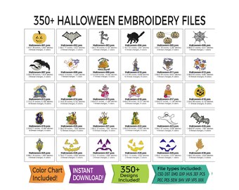 Puede incluir: Una descarga digital de más de 350 archivos de bordado de Halloween. La imagen muestra una cuadrícula de varios diseños, incluyendo calabazas, murciélagos, fantasmas y otros motivos espeluznantes. El texto incluye "Color Chart Included!" y "Instant Download!"