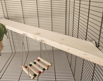 Pet Cage Corner Ledge & Hooks (70cm) - Accessories, Extra Large Platform, Big Shelf, Kiln-Dried Wood, Natural Enrichment, Rat, Bird, Budgie