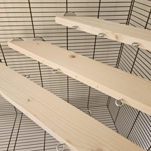 May include: Three wooden shelves with metal hooks, designed for a cage, are shown in a close-up view. The shelves are made of natural wood and are attached to the cage with metal brackets.