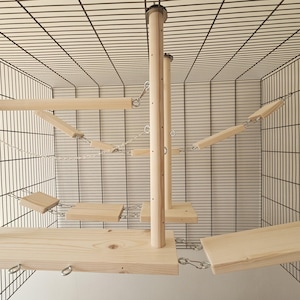May include: Wooden cage play structure with multiple levels and platforms connected by chains. The structure is made of natural wood and includes a large platform at the bottom.