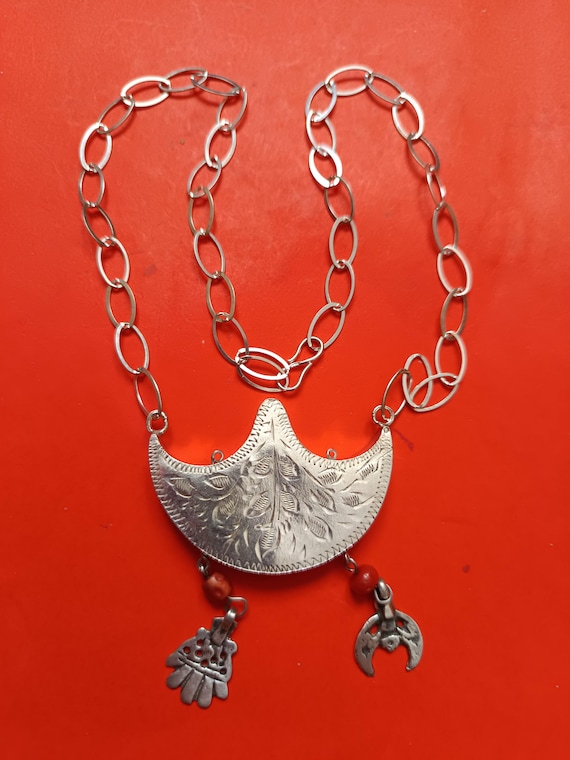 Collier Berbère Ancien En Argent Massif Avec émail Traditionnel
