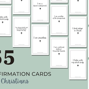 May include: Fifty-five affirmation cards for Christians. Each card features a different affirmation in black text with a small star graphic. The cards are white with black borders.