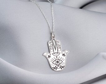 Collar Hamsa de oro, collar de mano de Hamsa de oro plateado, collar Hamsa de buena suerte, colgante Hamsa, colgante religioso